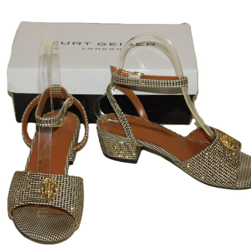 Kurt Geiger London Mini Kensington Block Heel Sandal Girls Size 2 Gold Glitz